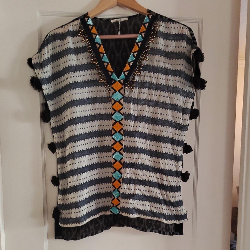 Striped Black and White Women's Top with Geometric Accents
